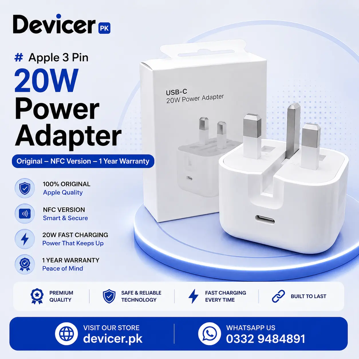 Apple 3 Pin 20W Power Adapter - Original - NFC Version - 1 Year Warranty - Image 1