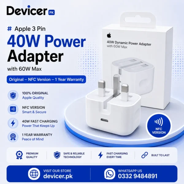 Apple 3 Pin 40W Power Adapter with 60W Max - Original - NFC Version - 1 Year Warranty