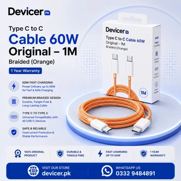 Type C to C Cable 60W Original - 1M Braided (Orange) - 1 Year Warranty