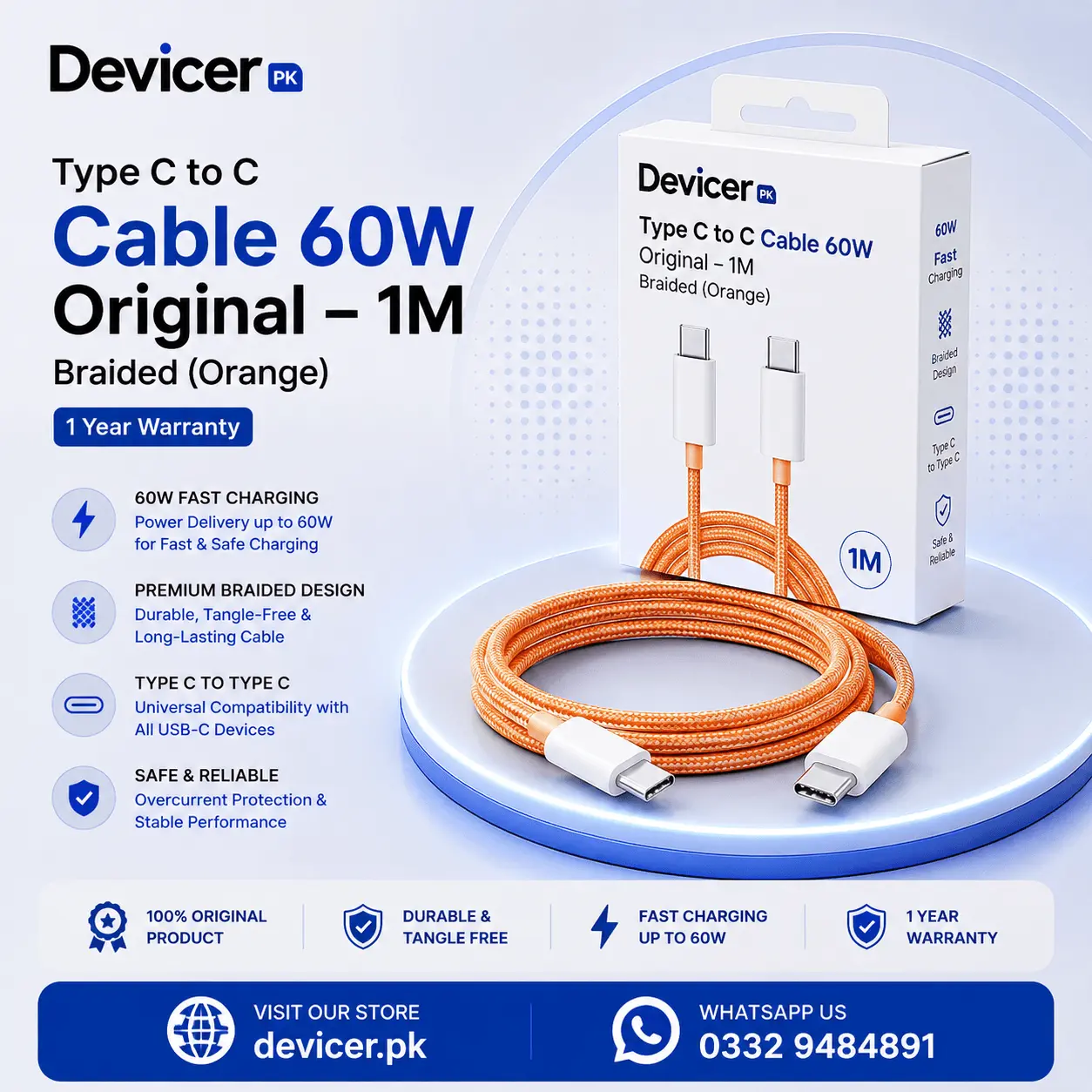 Type C to C Cable 60W Original - 1M Braided (Orange) - 1 Year Warranty - Image 1